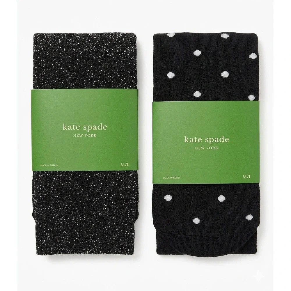 Kate Spade New York Tights Lot 2 Black Polka Dot & Metallic‎ Glitter M/L NWT
